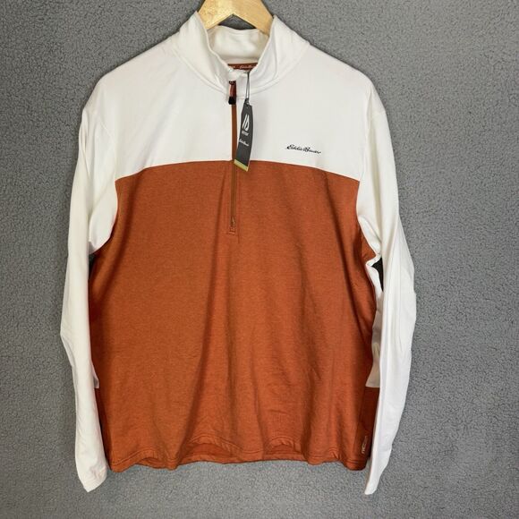 Eddie Bauer Motion Sweatshirt Mens XL White Orange 1/4 Zip Performance NWT - Picture 1 of 8